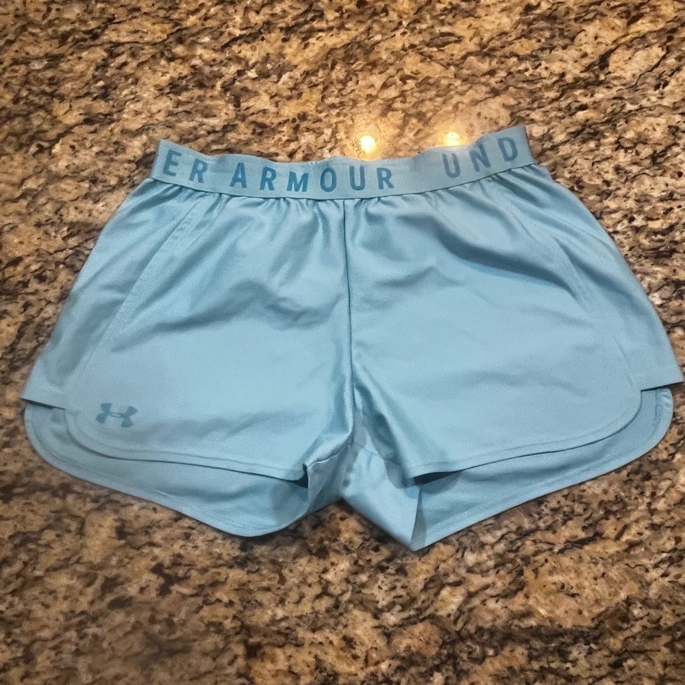 Under‎ Armour Womens Play Up Athletic Shorts Light Blue HeatGear Running Gym 3in